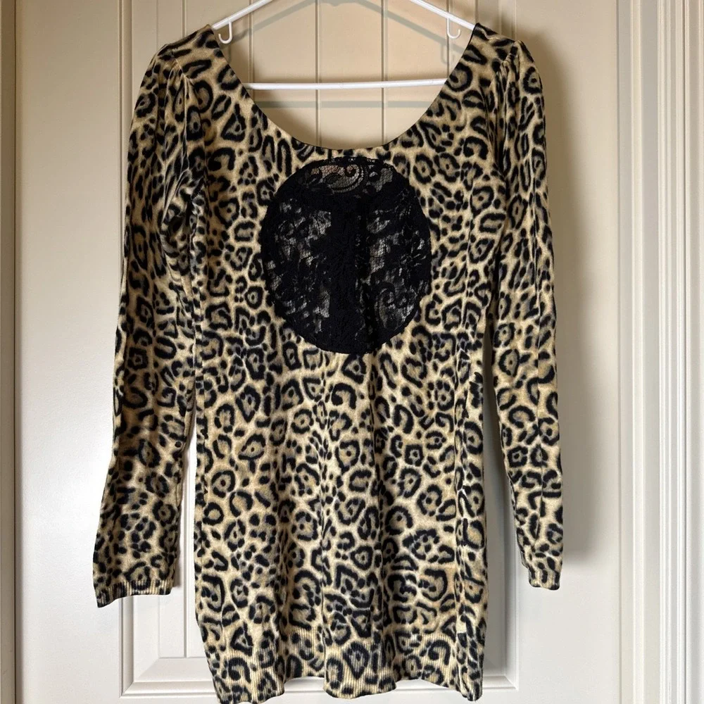 Betsey Johnson Medium Brown Black Leopard Print Sweater Tunic Lace Back Y2K 90s
